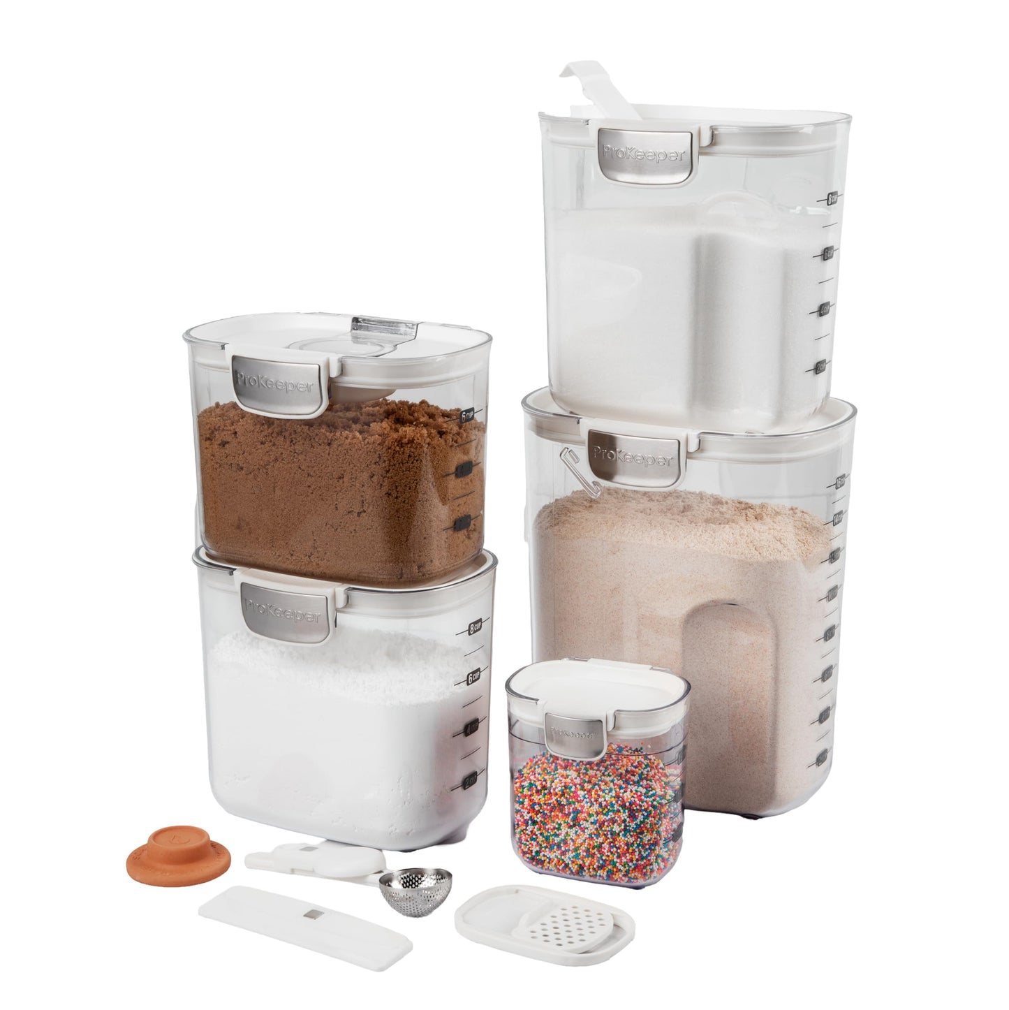 ProKeeper+ Airtight Food Storage Container Set – Clear Plastic Flour and Sugar Canister Set with Magnetic Accessories for Kitchen Organization (White, 9-Piece)