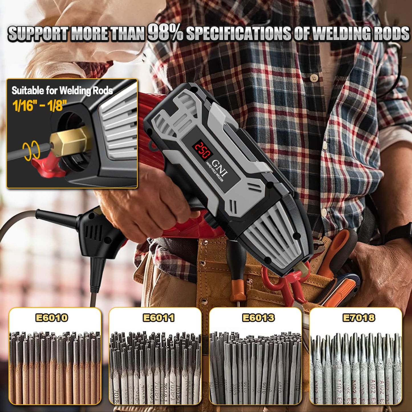 GNI Welding Machine Handheld, Portable Welder Machine 110V 250A with Toolbox, 20PCS Rods Stick Welder for 1/16"-1/8" Rod, IGBT Inverter LCD Digital Display Hand Held Welder with Arc Force Anti-stick