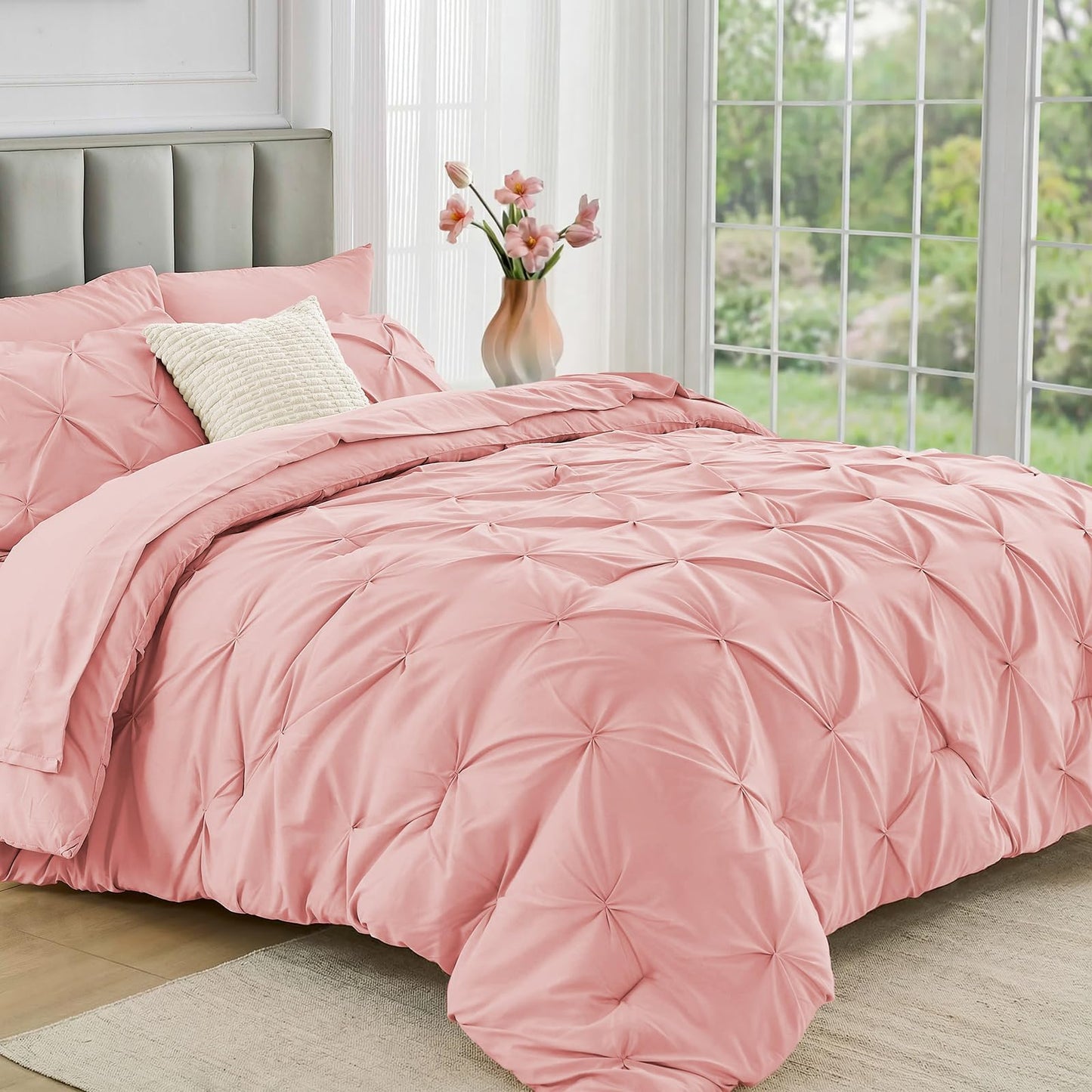 JOLLYVOGUE Full Size Comforter Sets 7 Pieces - Bed in a Bag Full for All Season, Pintuck Bedding Comforter Sets with Comforter, Flat Sheet, Fitted Sheet and Pillowcases & Shams, Pink