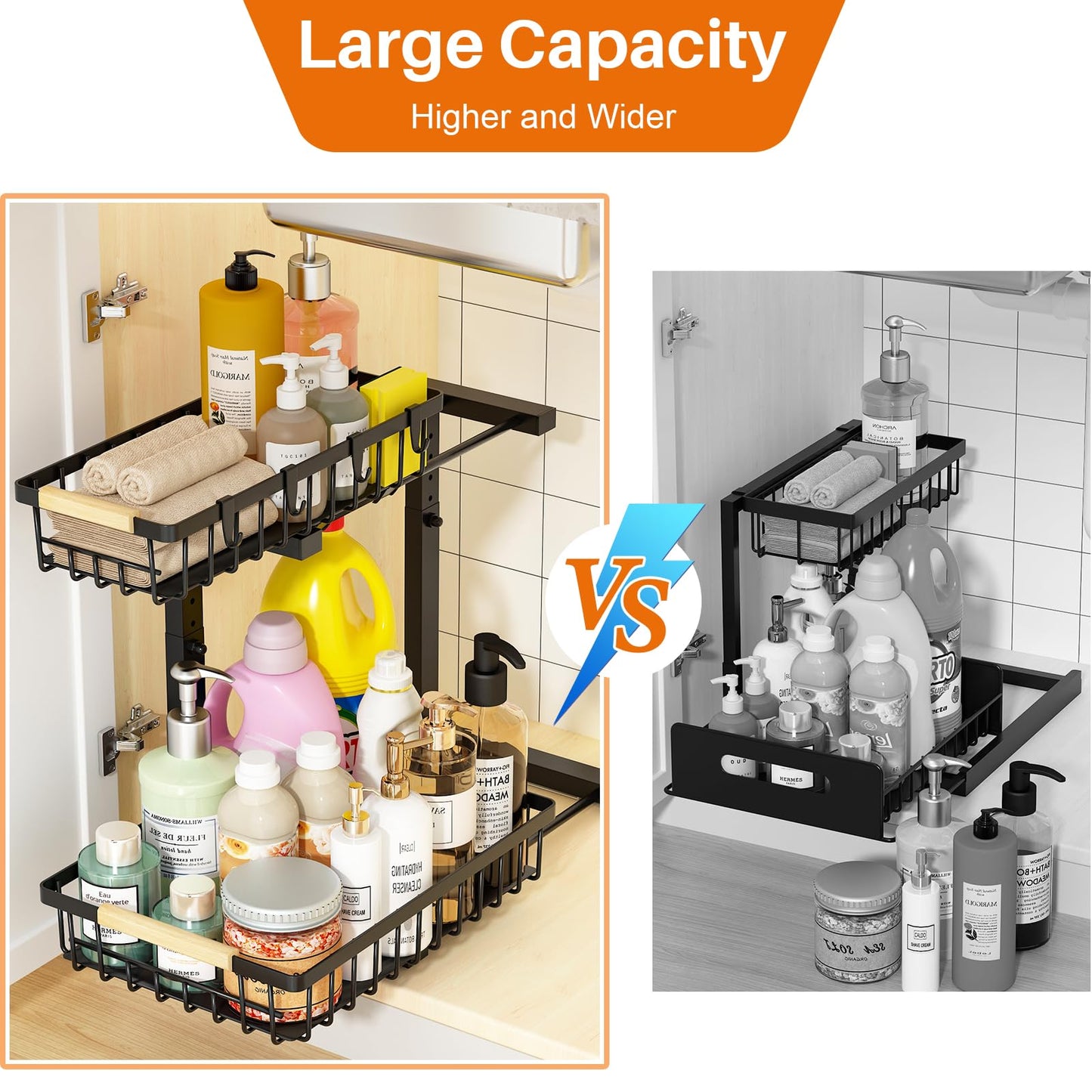 REALINN Under Sink Organizer, 2 Pack Height Adjustable Under Sink Organizers and Storage, 2 Tier Pull Out Drawer Cabinet Storage for Kitchen Bathroom