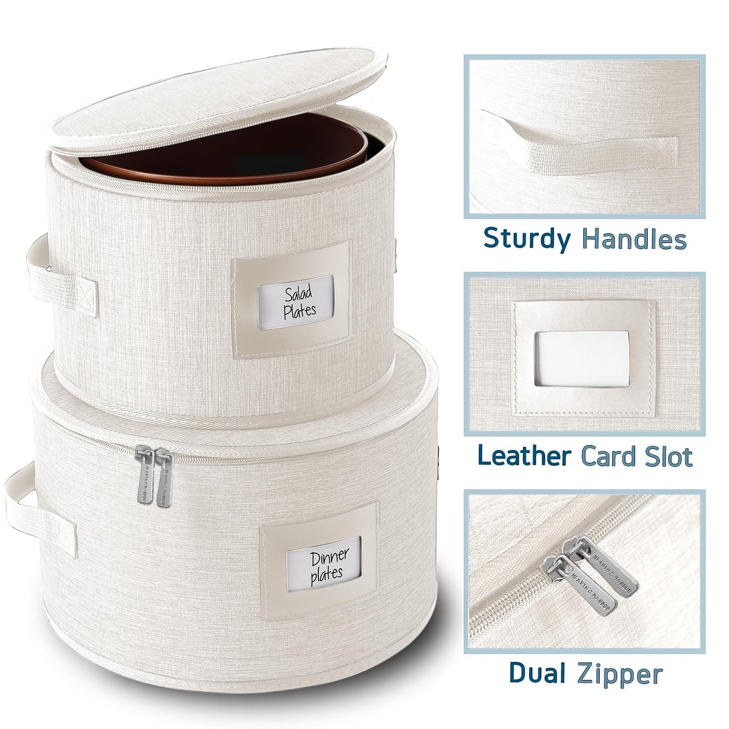 Fine China Storage Containers, 5 Piece Quilted Dish Storage Containers, Mug, Cup, and Plate Dish Organizer with Felt Dividers, Service of 12 Dinnerware Boxes for Moving, Seasonal Organization, Cream