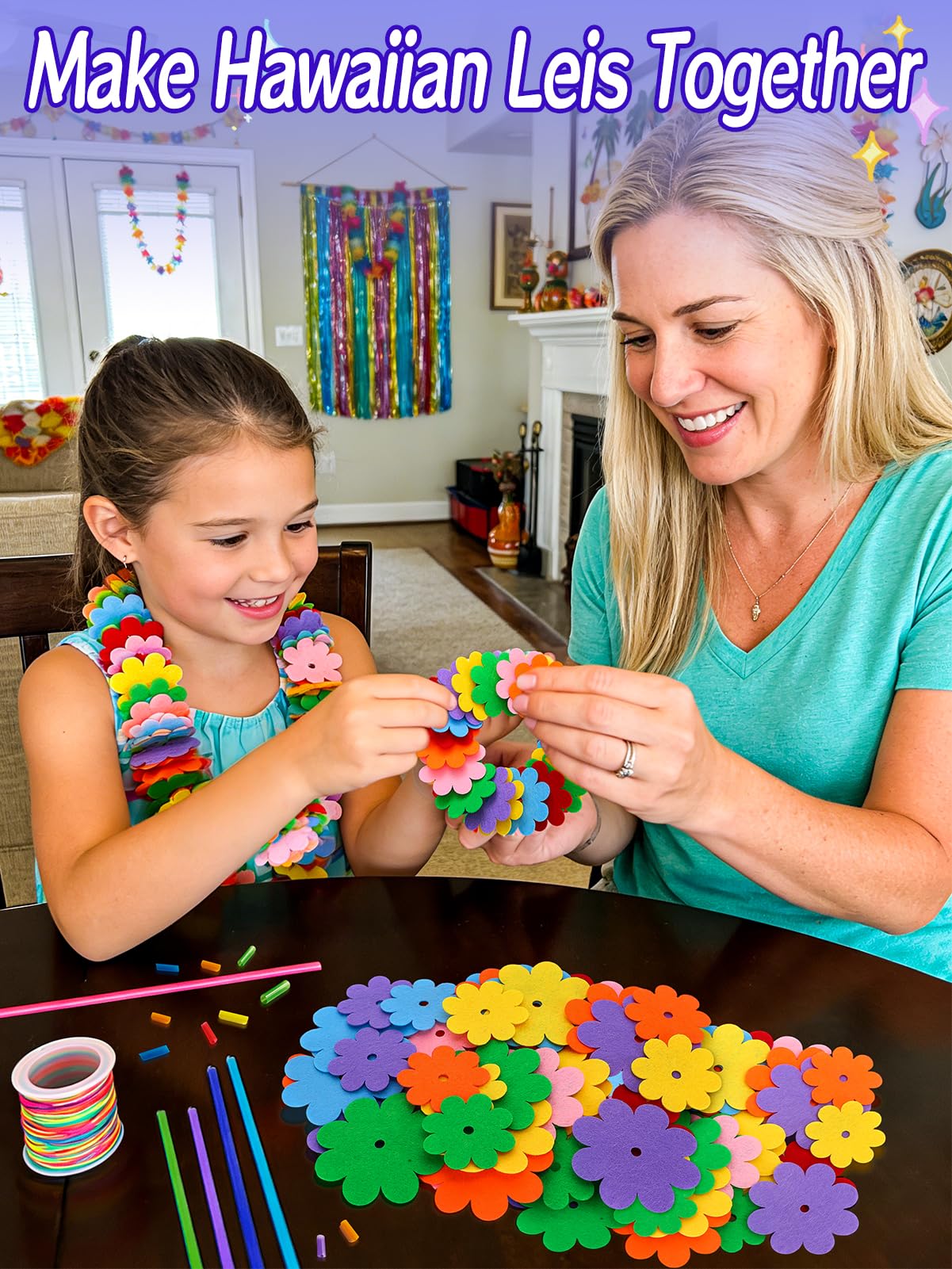 Cosweet 24 Pack Lei Bulk Making Craft Kit - Makes Felt Flower Necklace Garland, DIY Summer Crafts for Luau Party