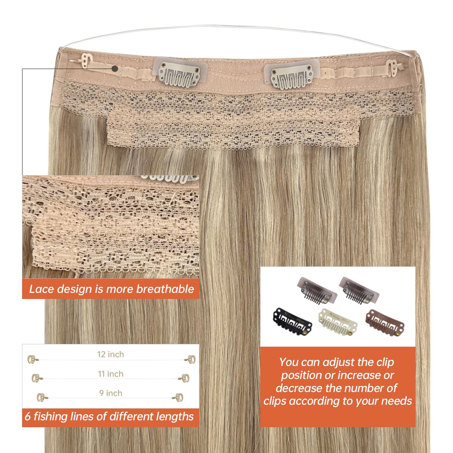 Sunny Blonde Hair Extensions Wire Real Human Hair Highlights Invisible Wire Hair Extensions Straight Remy Hair Extensions Clip ins Ash Blonde Highlights Golden Blonde Hair Extensions 20Inch 100G