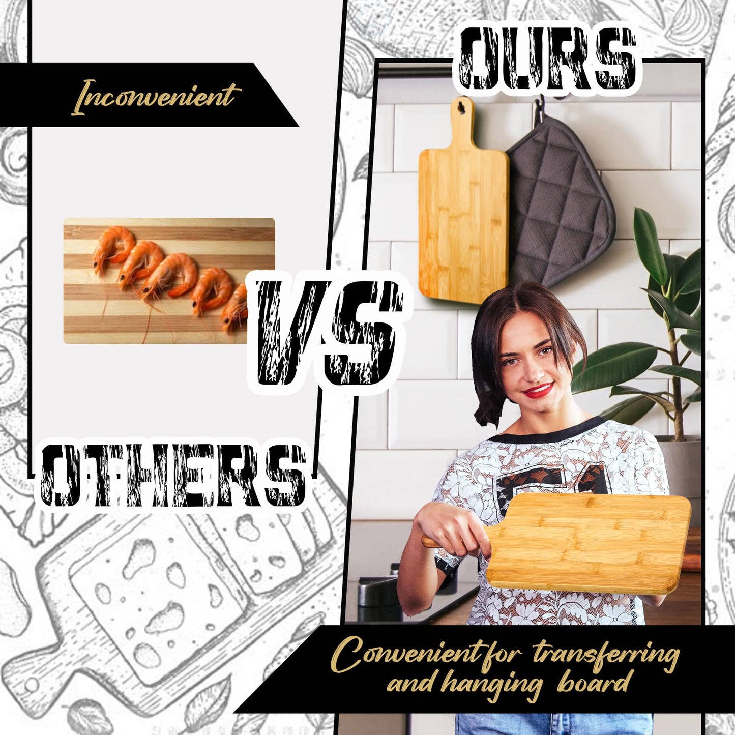 Nuenen 10 Pcs Wood Cutting Board with Handle 15.7 x 7.8 Inch Bamboo Wooden Serving Kitchen Chopping Boards for Pizza, Bread, Cheese, Charcuterie, Fruit, Vegetables(Bamboo)