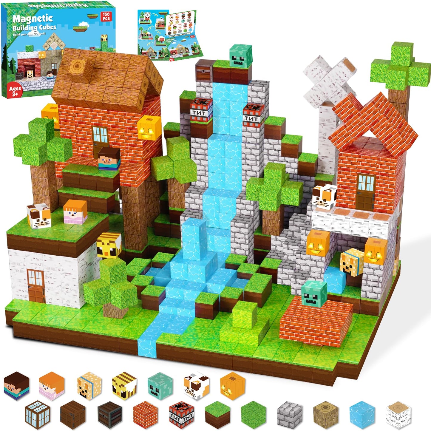 GraceDuck Magnetic Blocks - 150 PCS Build Magnetic Windmill Falls Homes - Magnetic Toys for Montessori Toddler Christmas Birthday Gifts - STEM Sensory Toys for 3 4 5 6 7 8 9 10 Year Old Boys & Girls