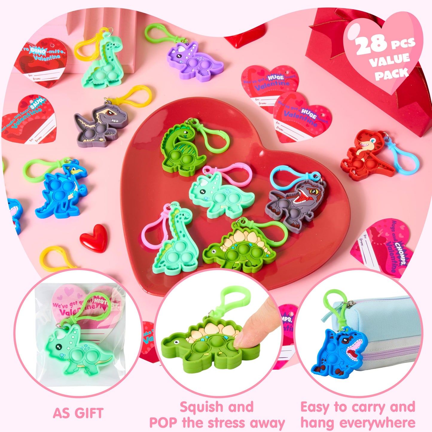 JOYIN 28 Packs Valentine's Day Gift Cards with Pop Keychain Toys, Dinosaur Stress Anxiety Relief Toys with Cards for Kids Valentine's Classroom Exchange Prizes Party Favors