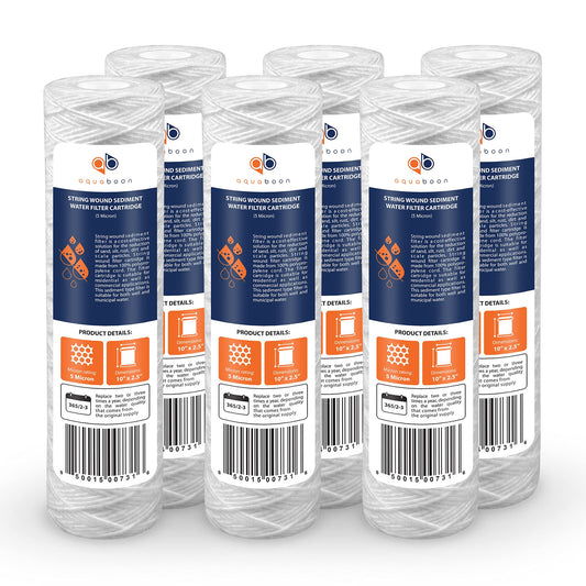 Aquaboon Whole House 5 Micron 10 x 2.5 String Wound Sediment Water Filter Cartridge Replacement Compatible with Well Water Filter WHKF-WHSW, 6-Pack