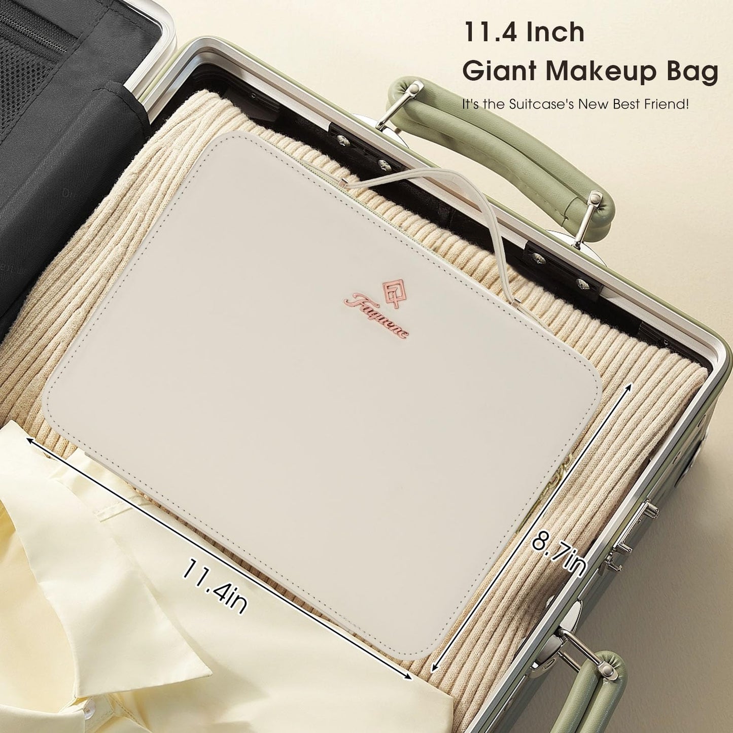 Faquenc Leather Makeup Case with LED Lighted Mirror 11.4 Inch Travel Makeup Bag Adjustable Brightness in 3 Colors Cosmetic Organizer Artist Storage Bag with Dividers Brush Holder Bag Present Box White