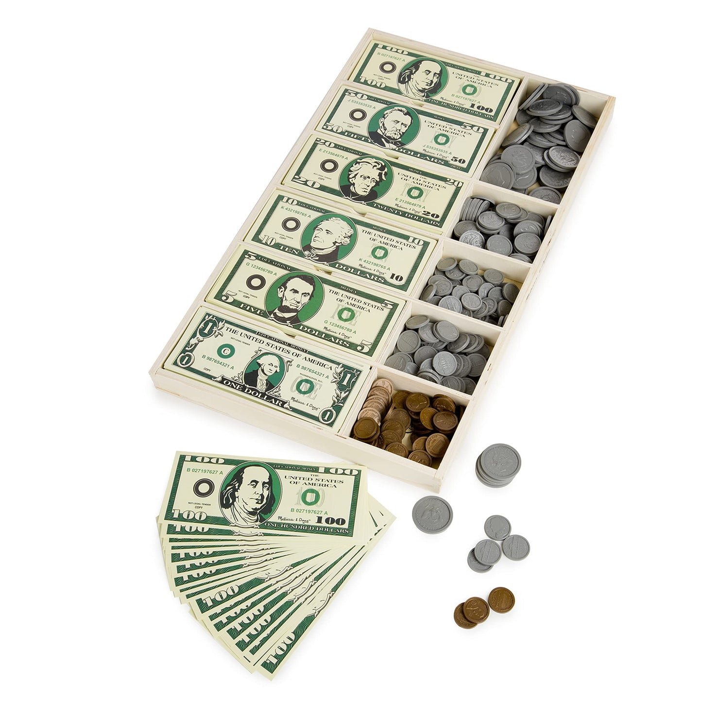 Melissa & Doug Classic Play Money Set, Developmental Toys, 50 of Each Denomination, Wooden Cash Drawer (45.085 cm H x 26.035 cm W x 3.175 cm L)