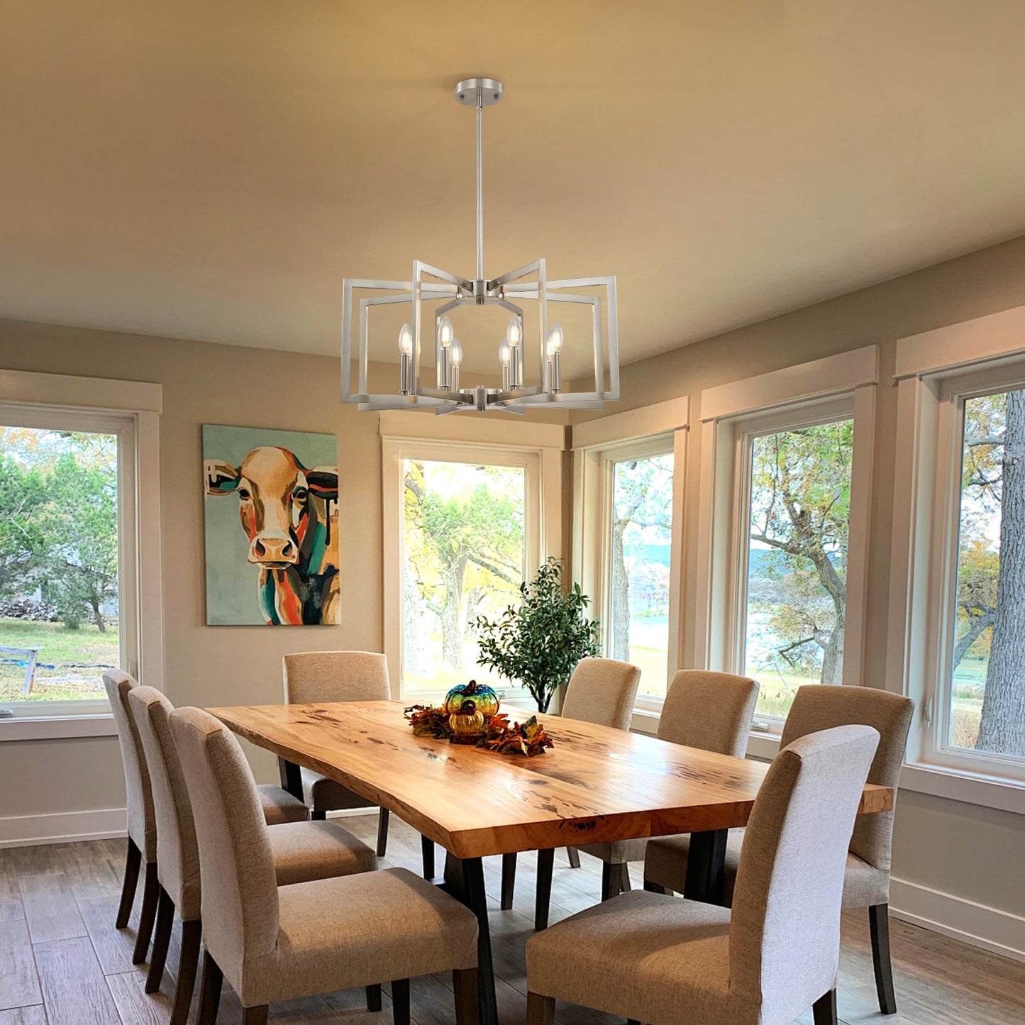 8-Light Large Brushed Nickel Chandeliers for Dining Room，Modern Industrial Pendant Lights Kitchen Island，Farmhouse Entryway Light Fixtures，Metal Geometric Chandelier for Living Room