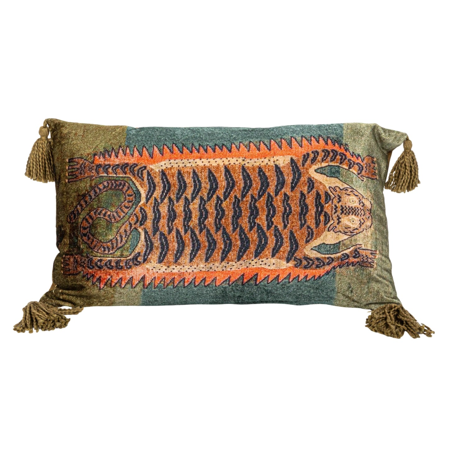 Creative Co-Op Cotton Velvet Blend Tiger Lumbar Pillow with Tassels, Multicolor