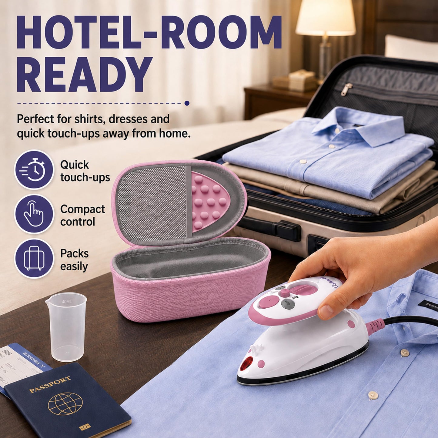 The Quilted Bear Premium Mini Steam Iron - Lightweight Mini Travel Iron for Effortless Quilting & Wrinkle-Free Clothes with Carry Case & Iron Rest Set - Travel Steamer for Clothes & Crafts (Pink)
