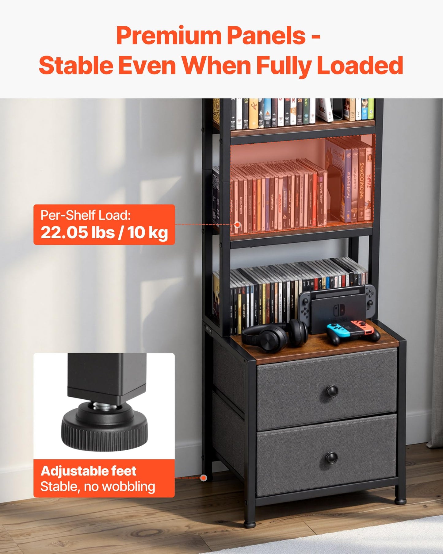 VEVOR Media Storage Cabinet, 4-Shelf DVD Shelf Organizer with Drawers, 15.75 x 11.81 x 56.50 in Multimedia Storage Organizer for CDs, DVDs, Books and Games, CD Cabinet for Living Room, Home Office