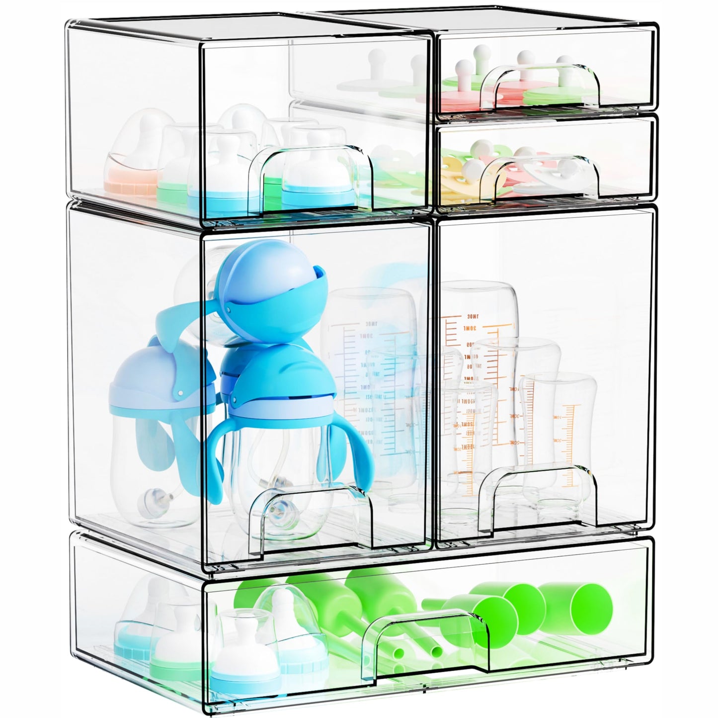 Yieach 6 Set Clear Baby Bottle Organizer for Countertop,BPA FREE Bottle Station Organizer for Breast Pump Parts,Pacifier and Baby Accessories,Stackable Drawers for Bathroom,Cabinet,Pantry Organization