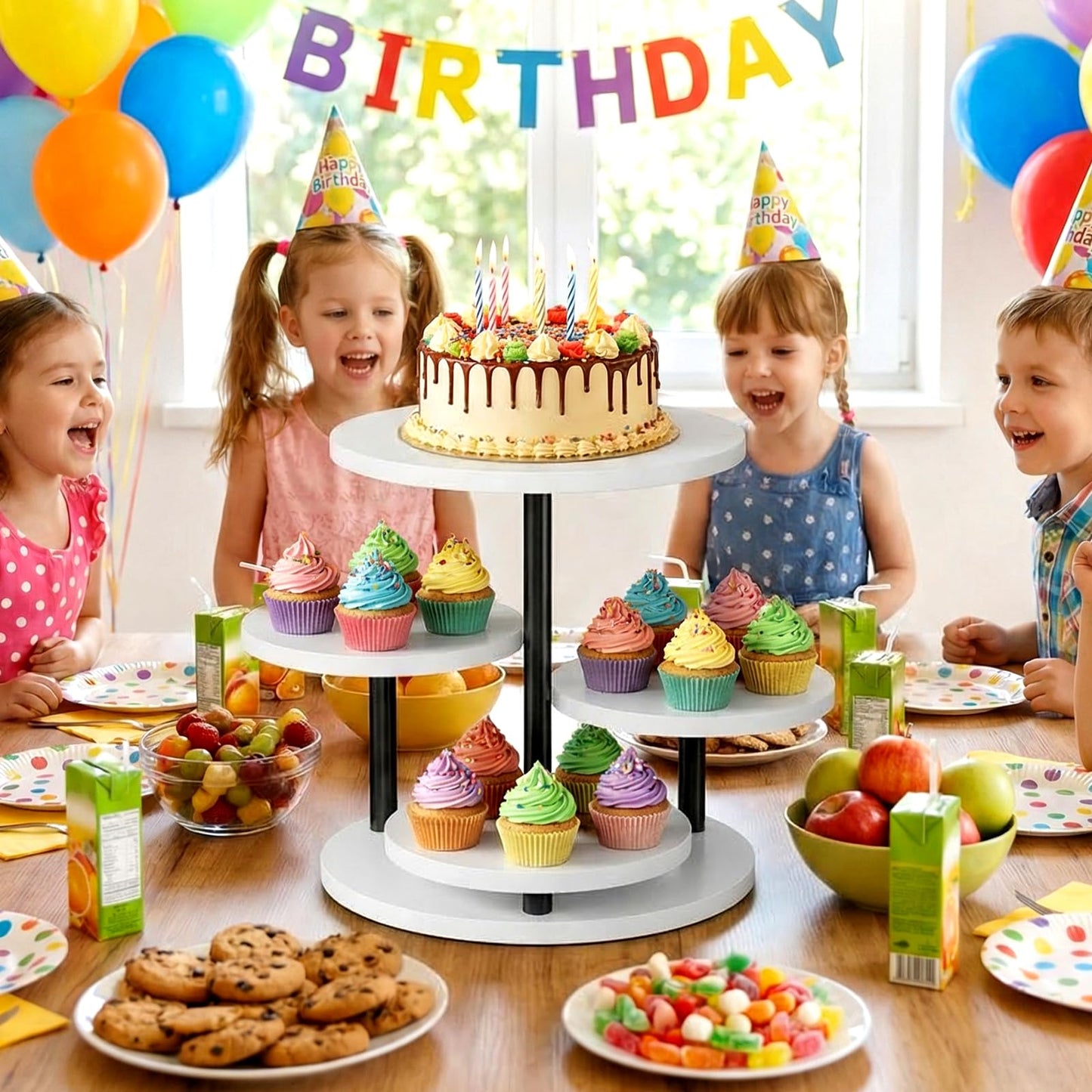 FZGhome Dessert Stands for 50 Cupcakes 360°Rotating Wood Cupcake Stands Wedding Cake Stand 4 Tiered Cookie Serving Trays for Party Birthday Baby shower Afternoon Tea Dessert Table, White