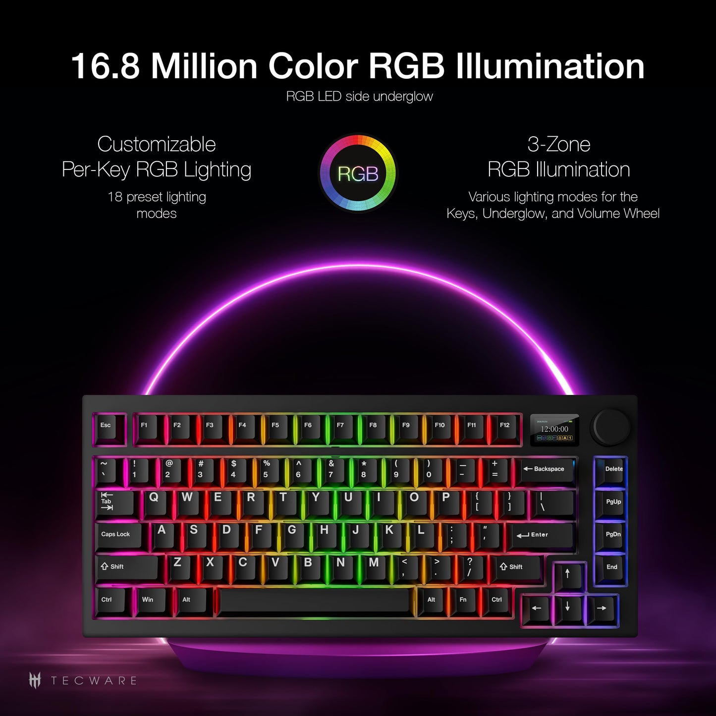 TECWARE Spectre 75% RGB Mechanical Gaming Keyboard with Customizable LCD Screen, Multi-Function Knob, Gasket Mount, South Face 5-Pin Universal Hot-Swappable Sockets Black Cocoa Brown Switch