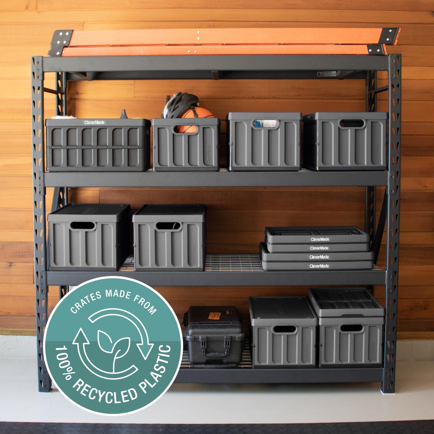 CleverMade Collapsible Storage Bins with Lids (62L, 3 Pack) – Heavy Duty Foldable Plastic Storage Crates for Garage, Closet & Trunk Organization - Stone