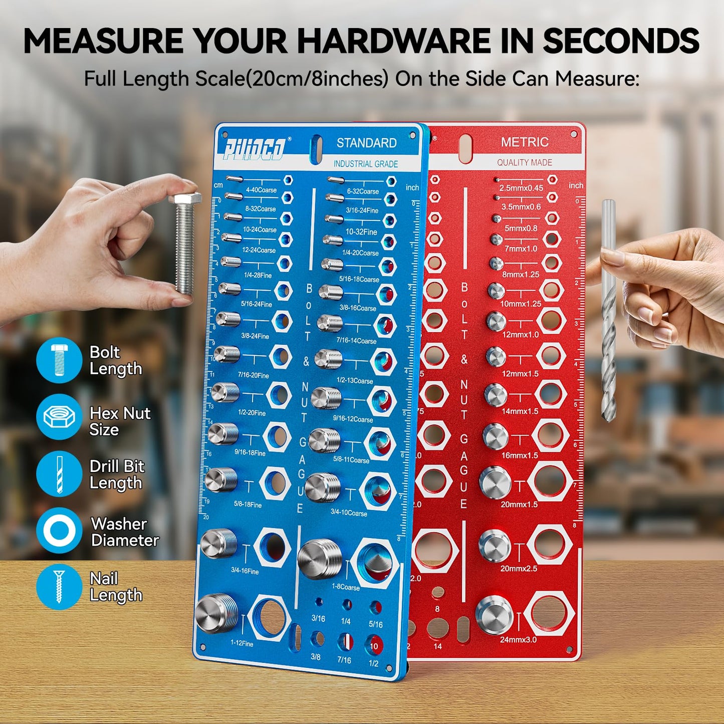 62 Nut and Bolt Thread Checker Standard and Metric, Bolt Size and Thread Gauge with 25 SAE & 25 Metric & 12 Drill Bit Gauge,Bolt and Nut Identifier Gauge for Nut Bolt Size Finder in Narrow Tricky Area