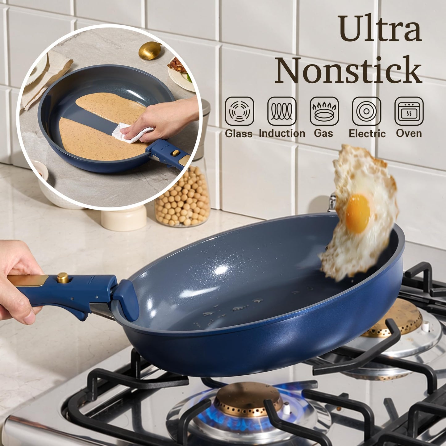 CAROTE Blue&Gold Ceramic Cookware Set Non Toxic, PFAS Free,15Pcs Pots and Pans Set Non Stick Detachable/Removable Handle,Kitchen Cooking Set Dishwasher Safe, Nonstick Pot and Pan, Induction Cookware