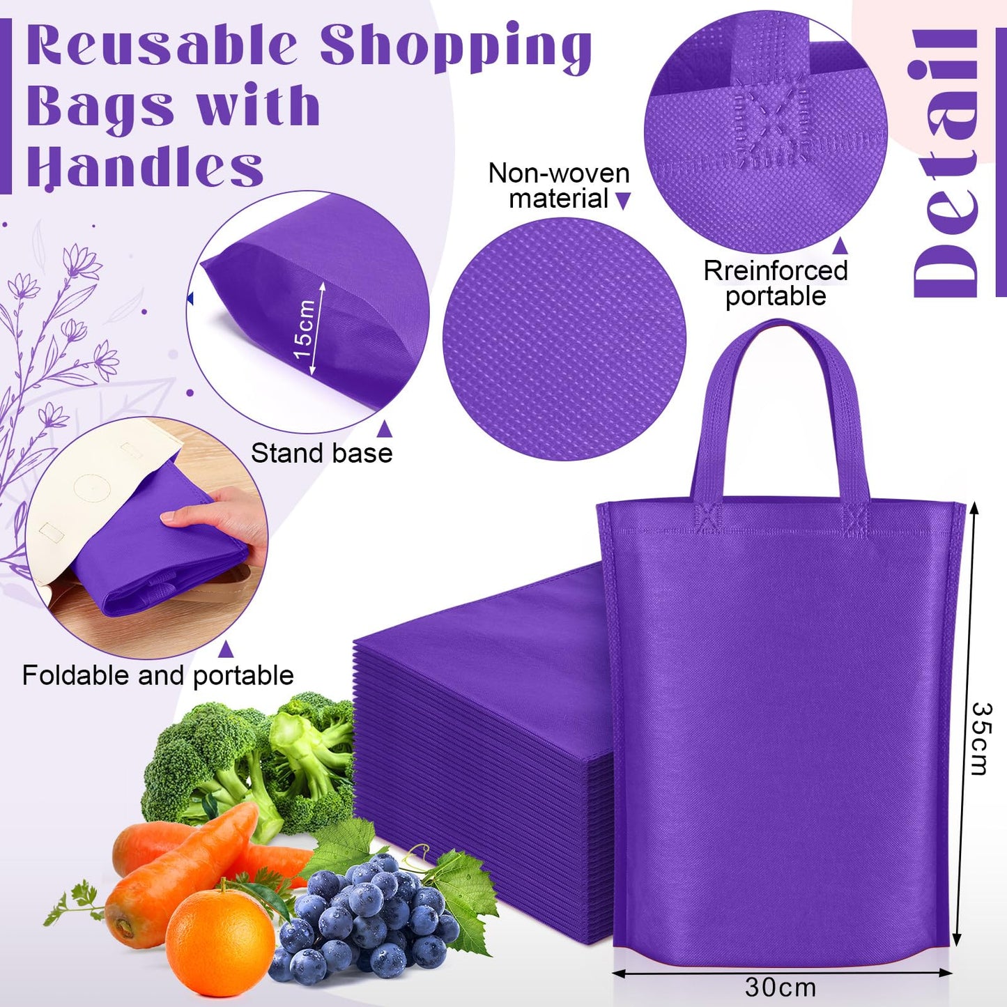 Windyun Reusable Grocery Bags Large Non Woven Shopping Bags with Handle Foldable Portable Tote Carryall Bulk 11.8x6x13.8 Inch(200 Pcs,Purple)