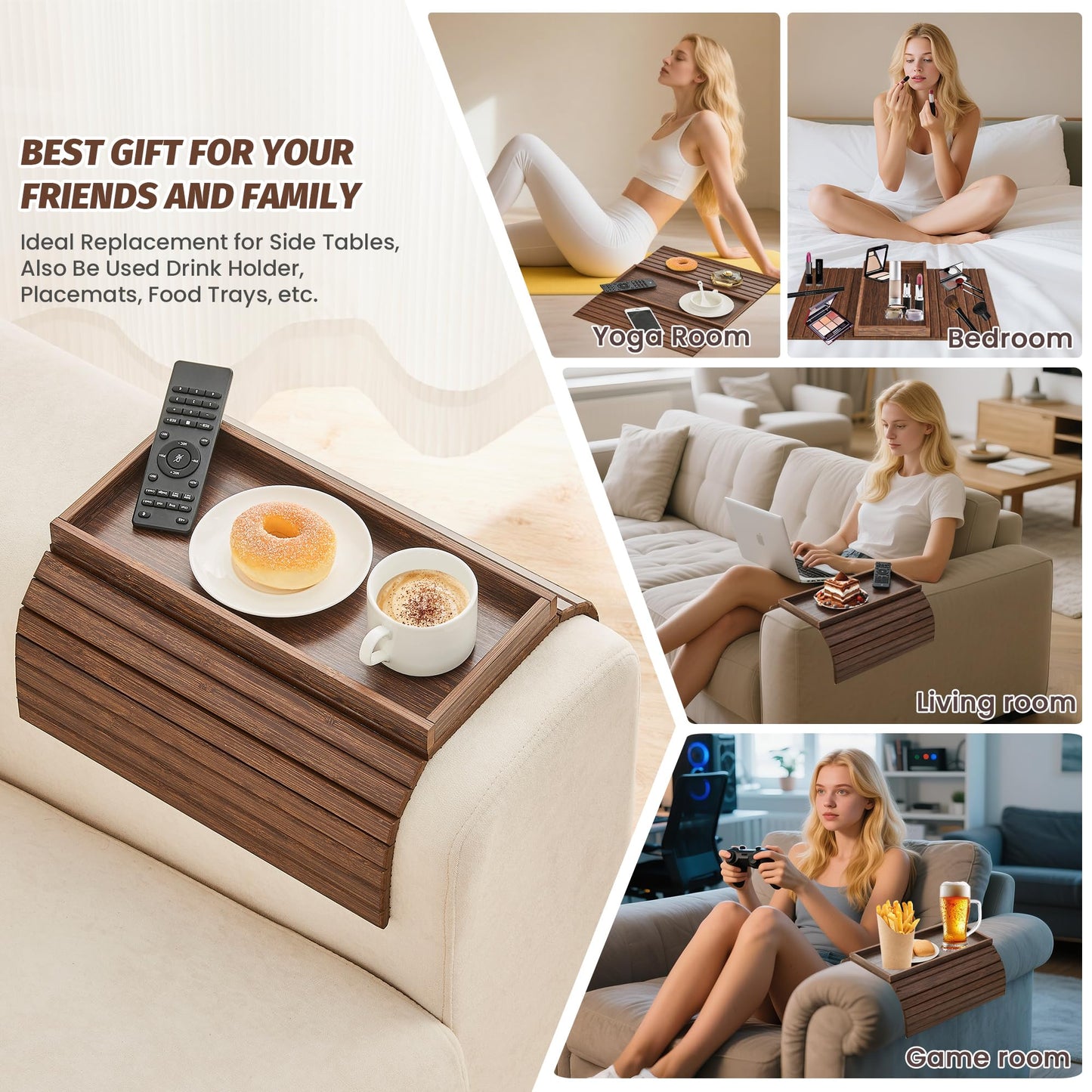 GEHE Bamboo Sofa Arm Tray, Foldable Couch Arm Tray Side Table, Anti-Falling Armrest Tables Cup Holder for Snacks, Drinks, Beers, Phone, Control, Flexible and Portable, Anti-Slip Bottom