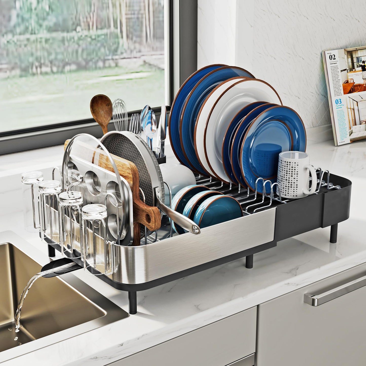 SUNLY Expandable Dish Drying Rack, Versatile Brackets for Pots & Pans, Space Saving Kitchen Drying Rack, Dish Racks for Kitchen Counter, Stainless Steel Dish Drainers with Extendable Spout, Black