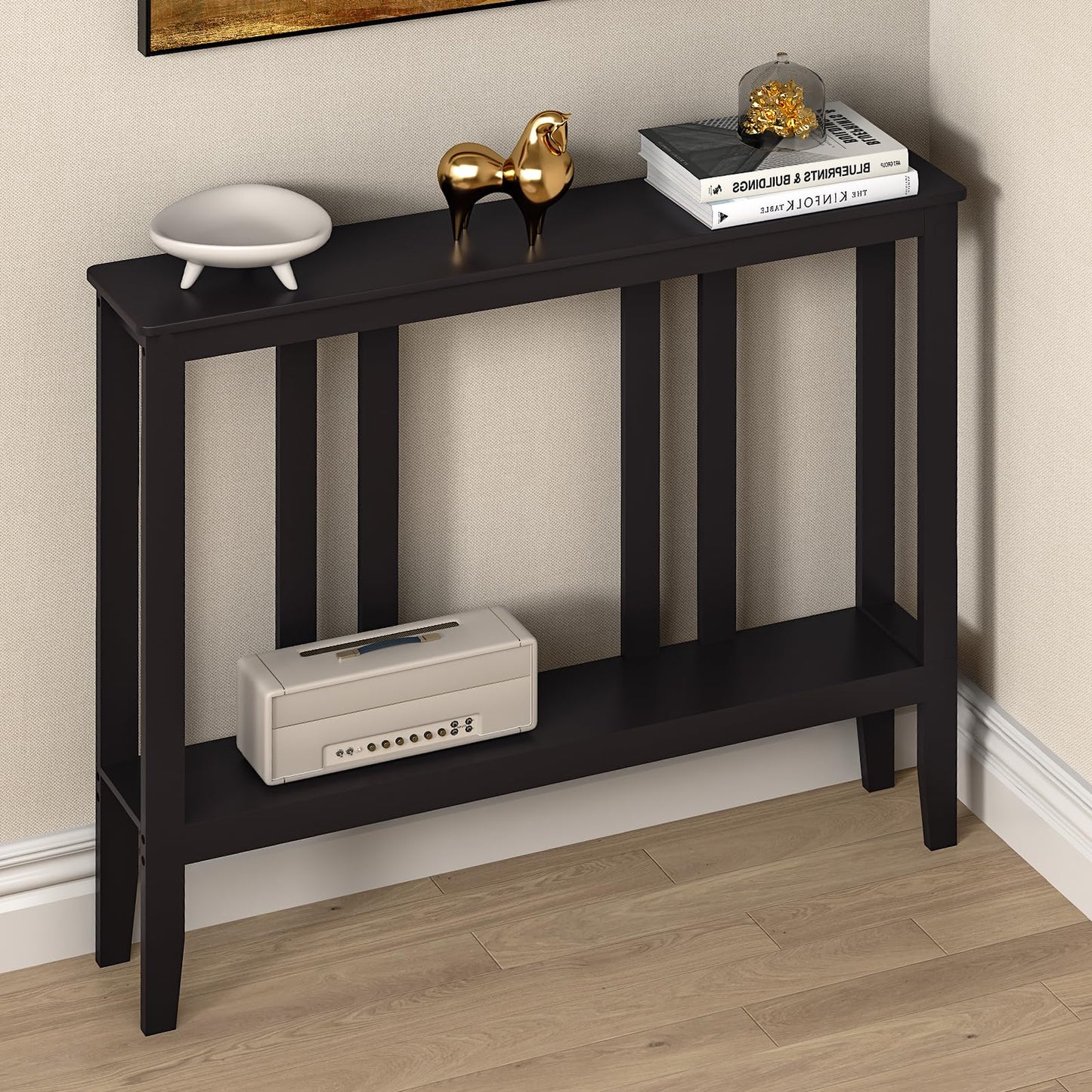 ELYKEN Bamboo 2-Tier Narrow Console Table, 36.2" Long Slim Sofa Table Behind Couch for Entryway, Hallway, Living Room, Brown