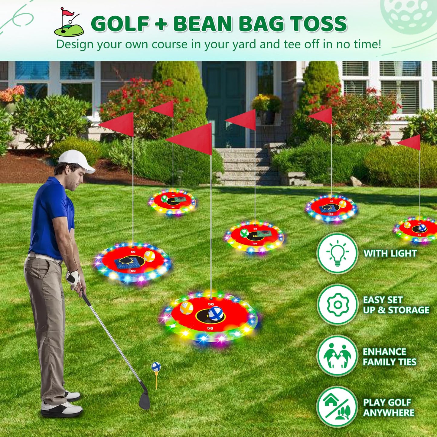 TERRAMUS Light Up Golf Play Set - Upgraded Backyard Golf Chipping Game with 6 LED Targets, 2 Clubs, 18 Balls, 6 Bean Bags, Night Golf Toys Gifts for Kids Golfers Family Indoor Outdoor Beach Lawn Park