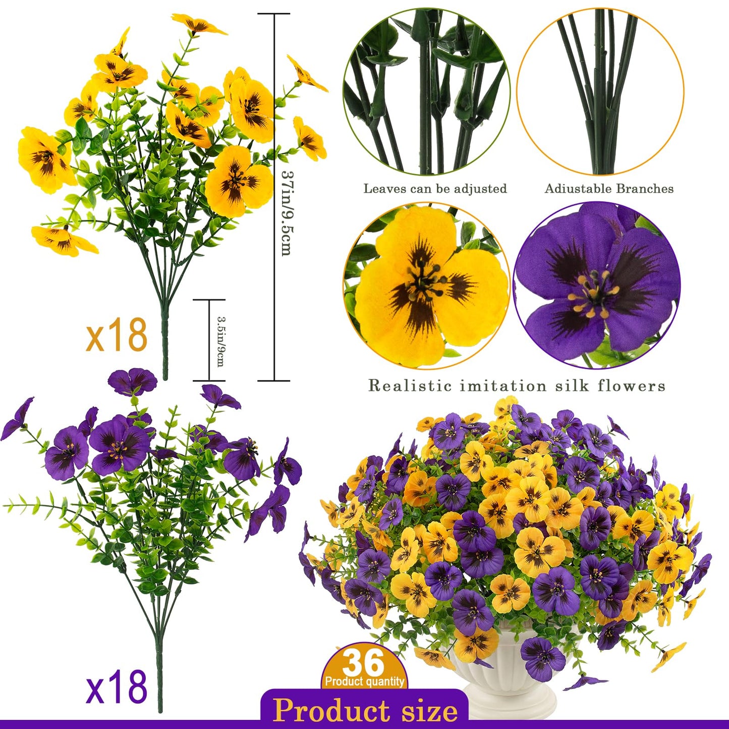 Rowfad 36 Pcs Artificial Fake Pansy Flowers for Outdoor, Faux UV Resistant Silk Pansies Flowers for Outside Planter Front Door Porch Yard Patio Window Box Home Decor (36, Yellow,Purple)