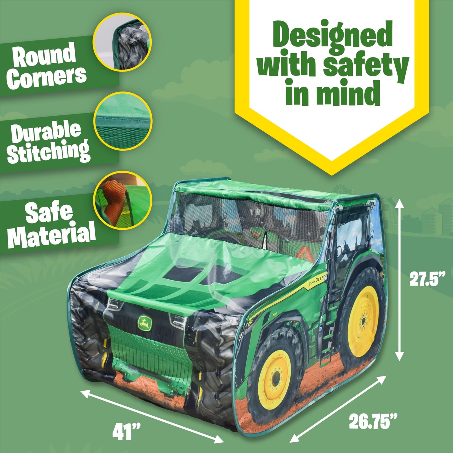 John Deere Pop Up Tent Tractor Playhouse for Kids, Removable Key Fob with Tractor and Farm Sounds, Vehicle Toys for Toddler