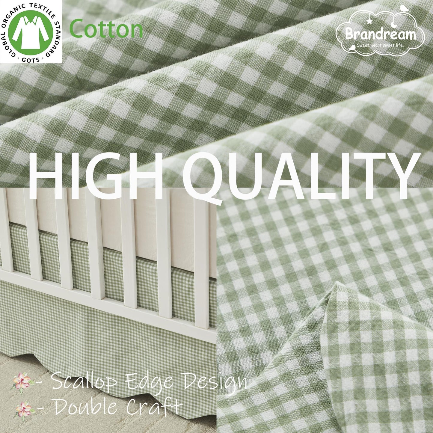 Brandream Scallop Edge Cotton Crib Skirt, Baby Boy, Baby Girl, Gender Neutral Crib Skirt Toddler Bedskirt Farmhouse Chic Nursery Crib Bed Skirt, Boho Bohemian Solid Green Gingham