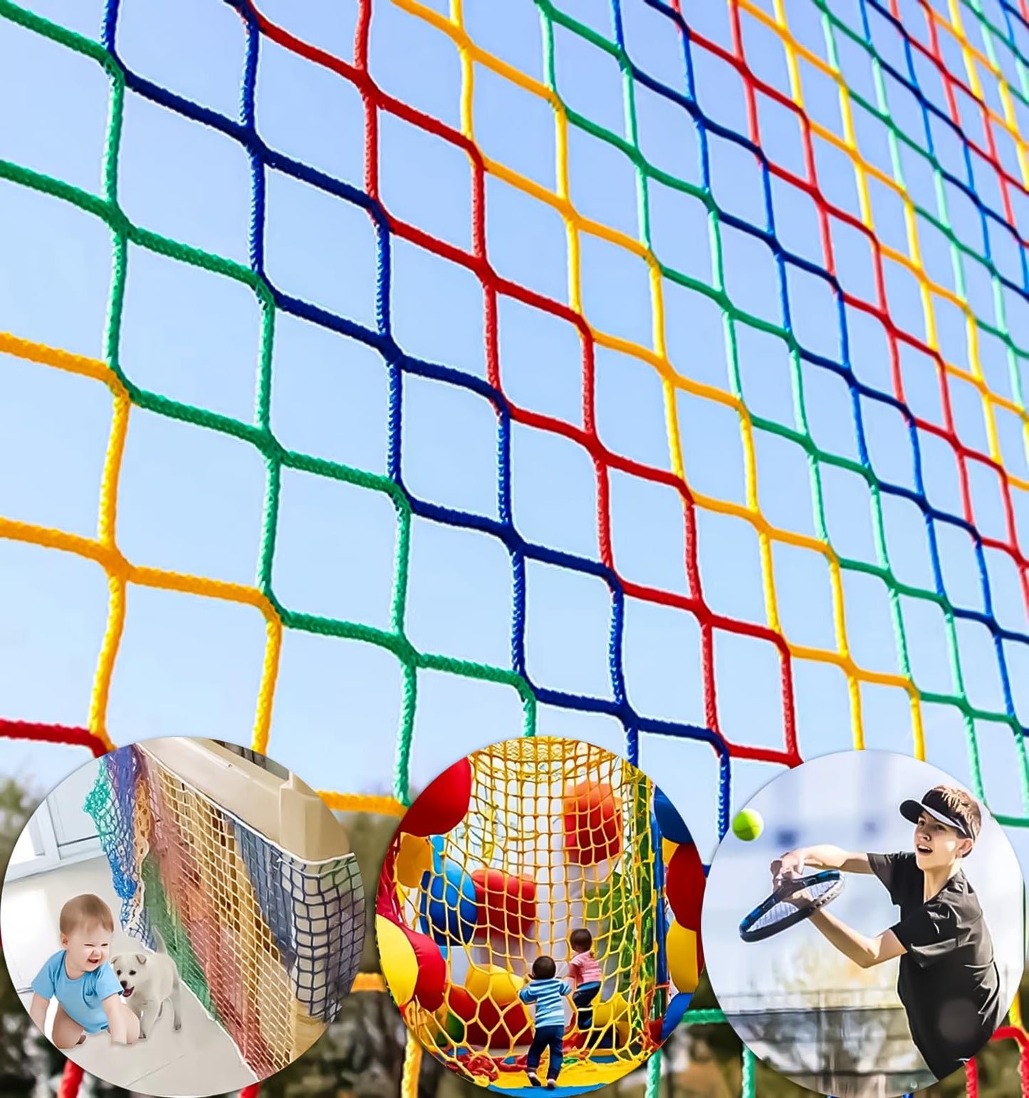 Climbing Cargo Net for Kids Outdoor Balcony Safety Rope Netting Playground Stairway Railing Children Pets Toys Knotless Sports Netting Colorful Stair Home School Play Fence Protection Net3.3X16FT