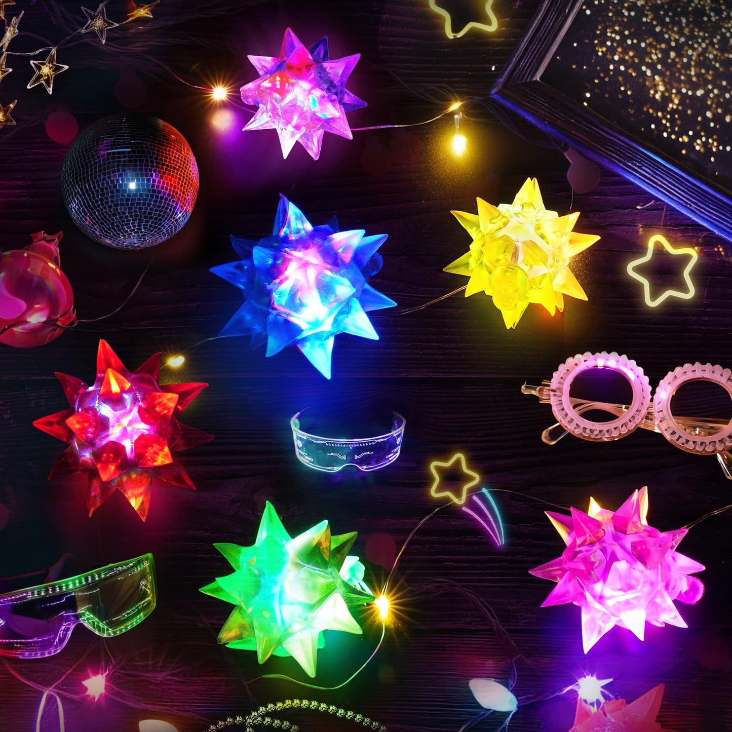HONLYNE48 PCS Flashing Crystal Star Necklaces, Glow Necklaces Bulk Light up Party Favors, LED Glow in The Dark Necklaces for Kids Adults Birthday Glow Party Rave Halloween Goodie Bags Filler