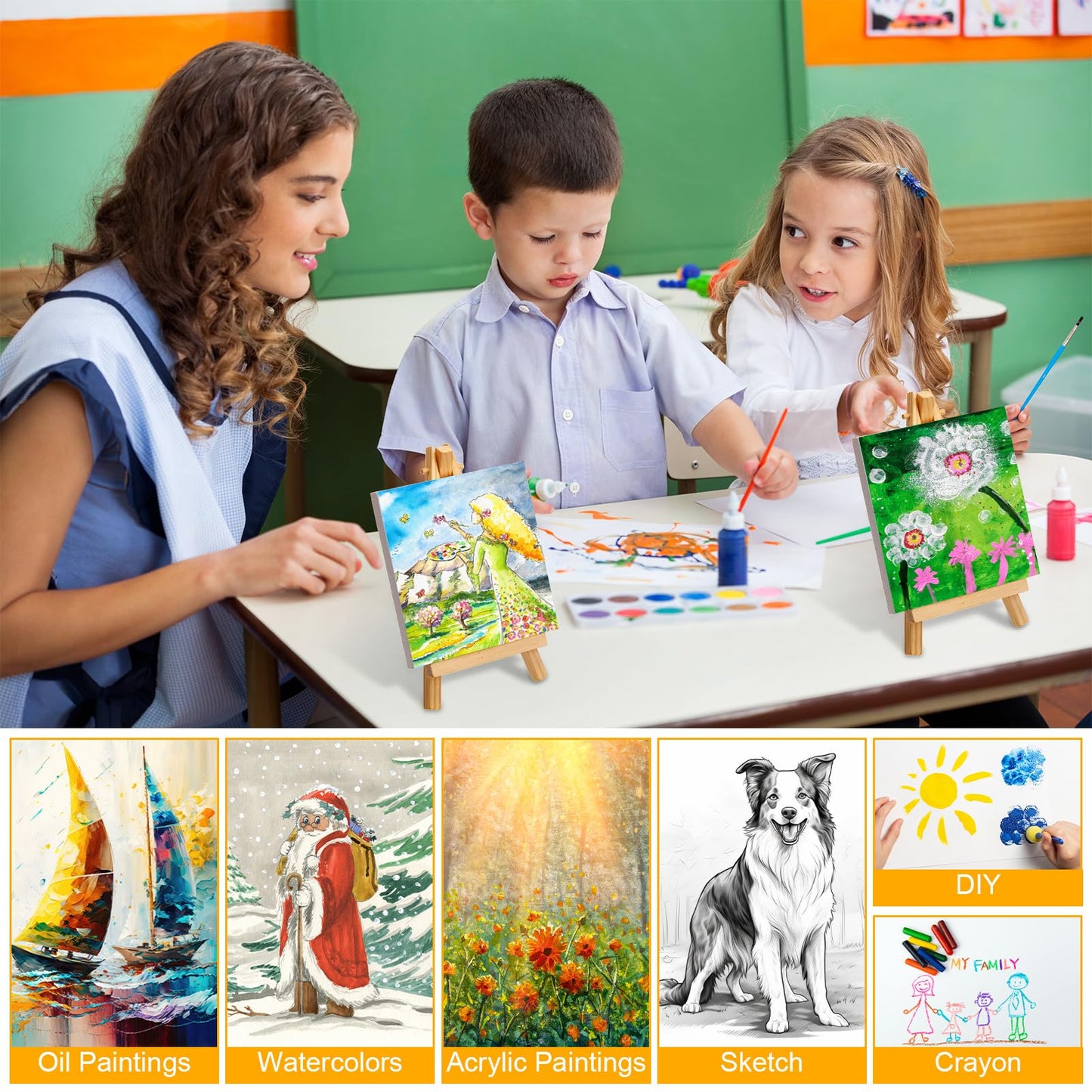Mimorou 32 Pack Mini Canvas with Easel Sets for Painting Small Art Stretched Canvas Panels Pack with Wood Display Easel for Classroom Crafts, Art Projects, Birthday Paint Party Favors (6 x 6 Inch)