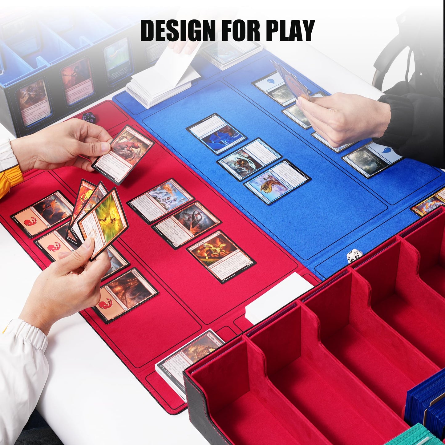 Trading Card Storage Box with Commander Display , 5-Row Deck Case with Removable Lid; 3900+ Card Deck Box for MTG TCG Sports Card, 5 Toploaders, 5 Stoppers, 48 Dividers,1 Dice Tray (Black Blue)