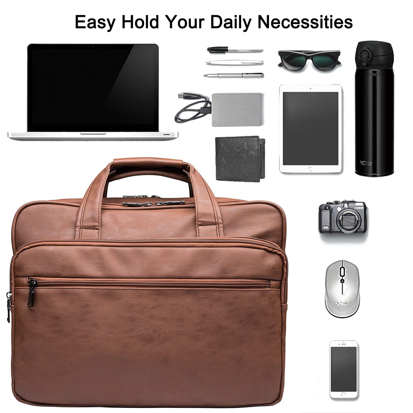 Seyfocnia Men's 17.3 Inches Laptop Bag, Brown Faux Leather Briefcase