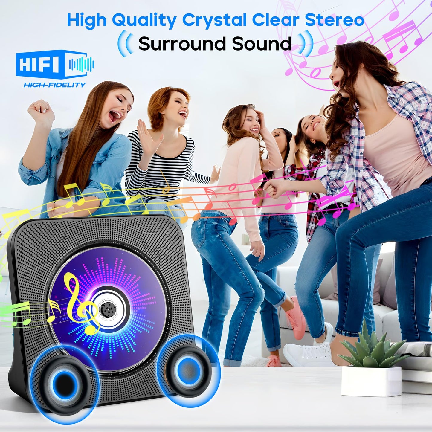 Desktop CD Player with Speakers, ROADOM CD Players for Home, Portable CD Player with Bluetooth Hi-Fi Stereo Sound,Remote Control,Supports CD/Bluetooth/FM Radio/U Disk/AUX/Timer/Repeat,Black