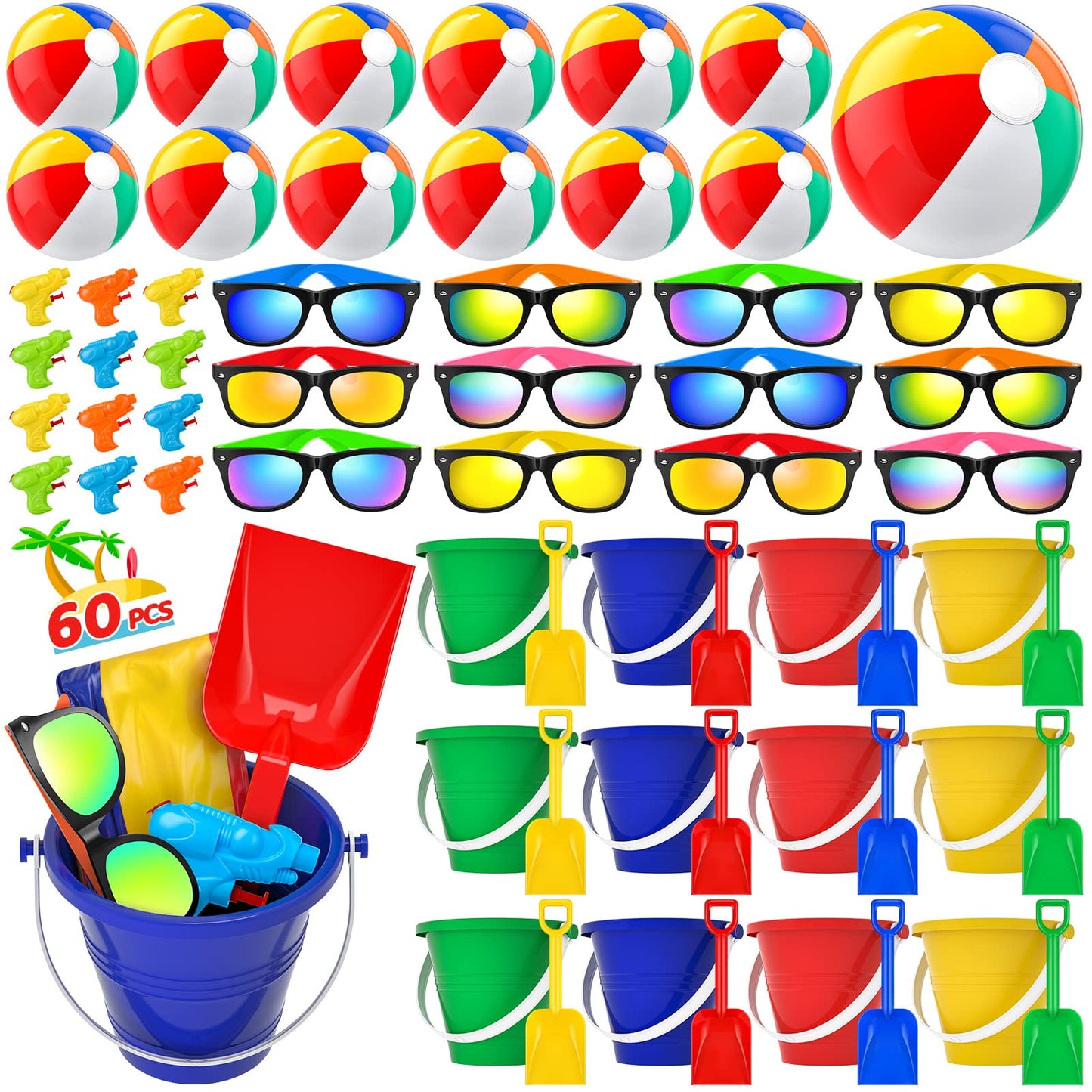 Pool Party Favors Beach Party Favors - 60 PCS Pool Toys For Kids Ages 3-8 Beach Balls Bulk, Sand Bucket and Shovels Set, Kids Sunglasses Bulk, Beach Summer Toys, Pool Party Supplies,Sand Toys