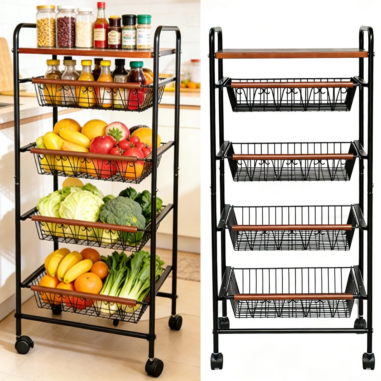 SWEETBLOOM Fruit Vegetable Storage Cart for Kitchen, 5-Tier Vegetable Stand Rack with Pull-Out Fruit Baskets, Rolling Snack Cart with Wood Top for Pantry, Living Room, Bathroom