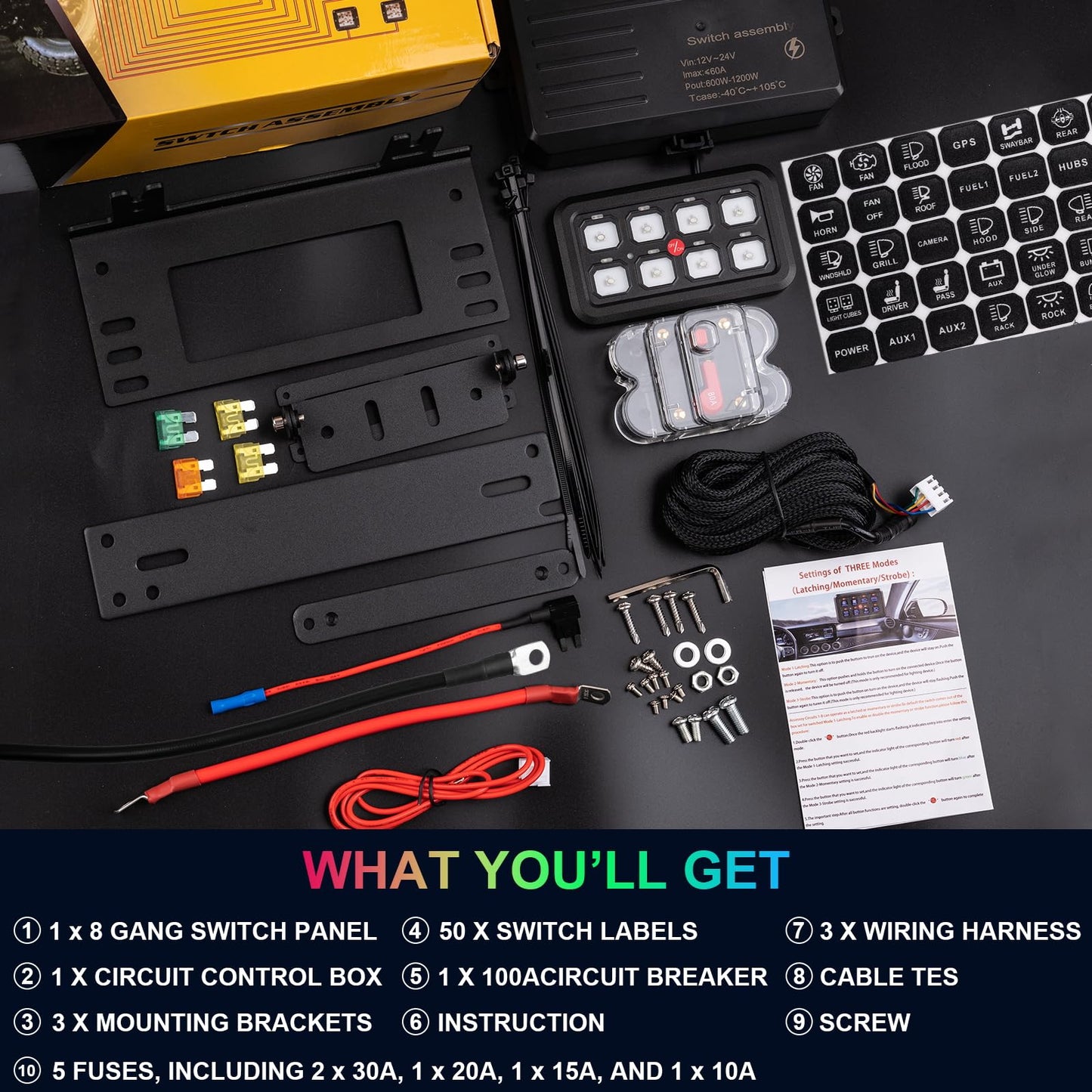 8 Gang Switch Panel Control Panel, RGB Toggle Momentary Pulsed with Auto Dimmable Universal Auxillary Switch Panel Circuit Control Relay Box for Car Pickup Truck Jeep Boat UTV ATV Waterproof