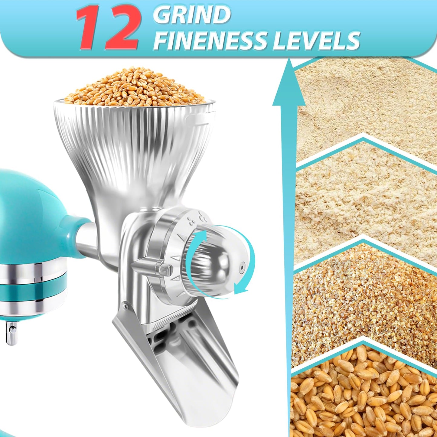 Grain Mill Attachment for KitchenAid Stand With 12 Grind Level, Kitchen Aid Mixer Attachments Wheat Grinder Fit for Wheat, Corn, Oats, Buckwheat, Millet and Other Cereals - New Upgrades