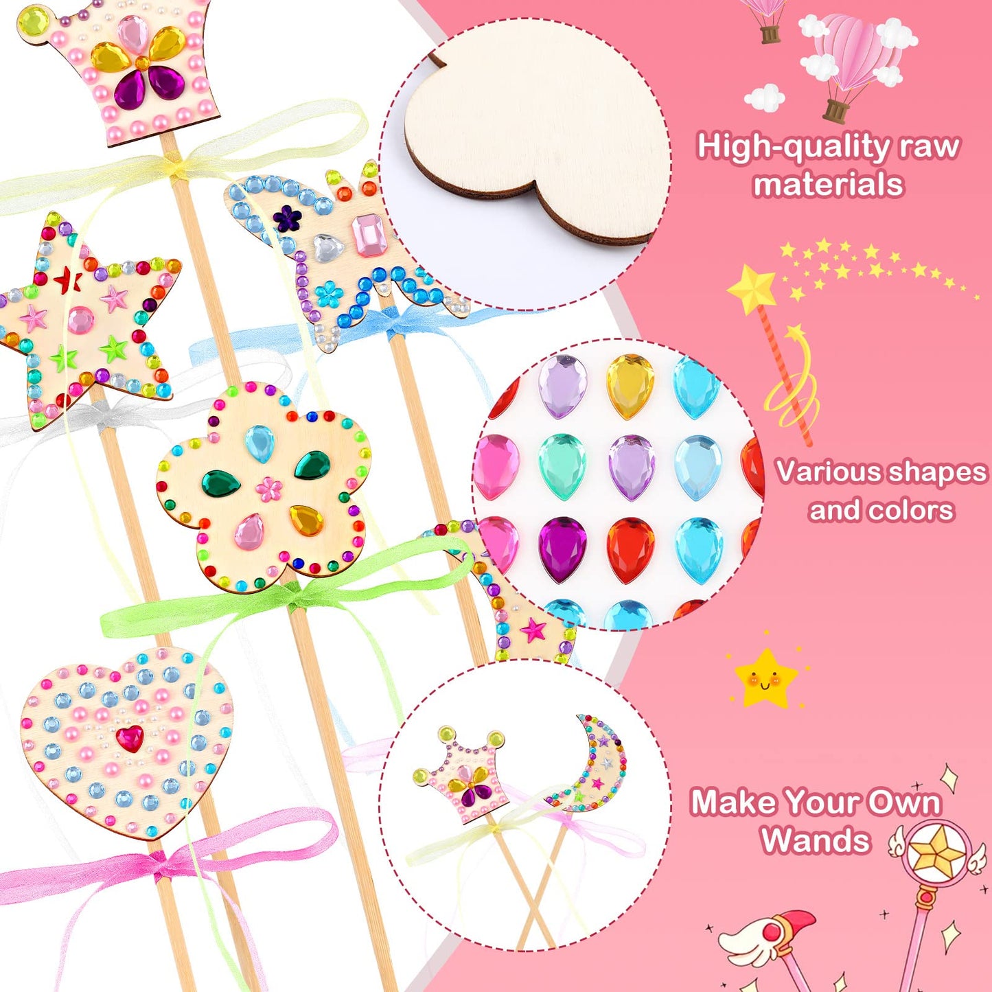 Princess Fairy Wands Kit Include Wooden Fairy Wands, Gem Stickers, Ribbons Unfinished Wooden DIY Magical Wand Crafts Moon Butterfly Magical Wand for Girls Make Your Own Princess Wand (36)