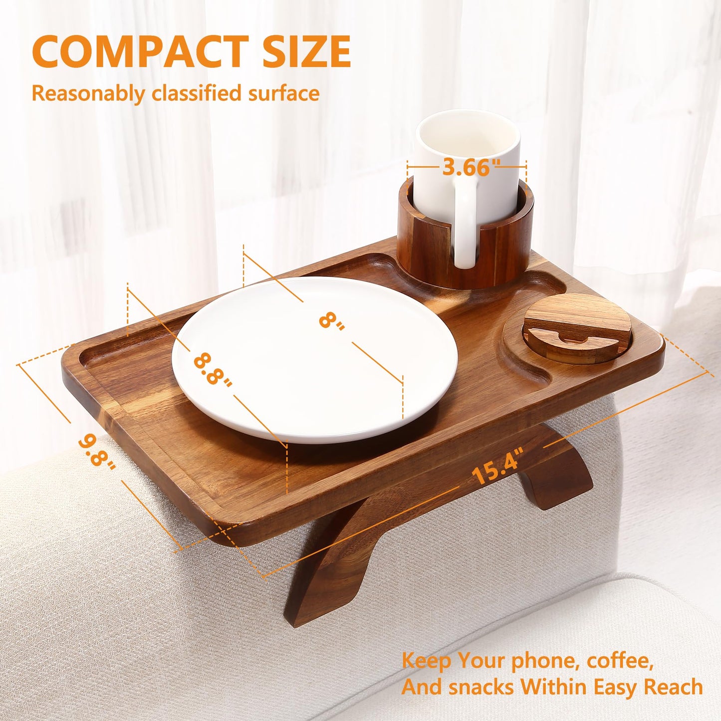 Acanacle Couch Armrest Table Acacia with 360°Rotating Phone & Cup Holders,15.4" x 9.8", 3-in-1 Couch Arm Tray Clip-On Couch Tray for Drinks & Snacks