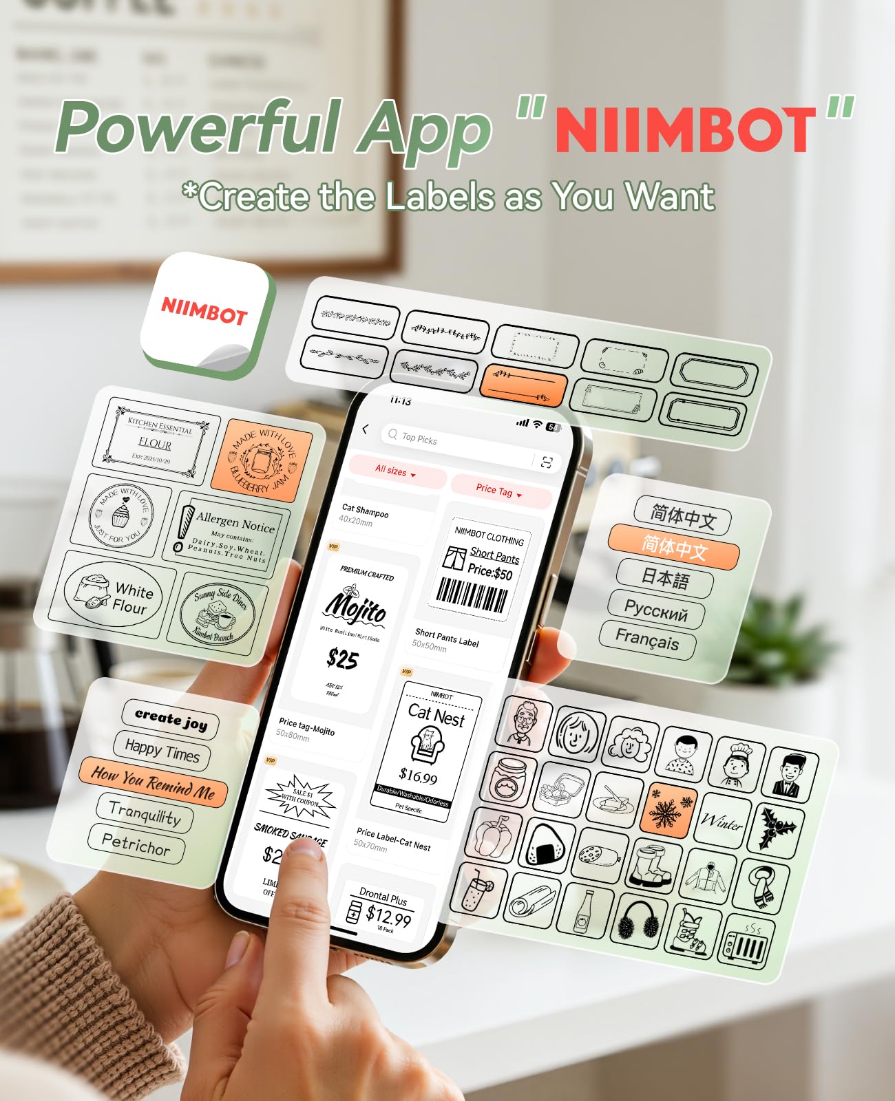 NIIMBOT B2 Label Maker Machine with Tape, Portable Bluetooth 2Inch Label Printer with Multiple Templates, Thermal Labeler for Home Kitchen Office Coffee Shop Bakery Organization, Green White