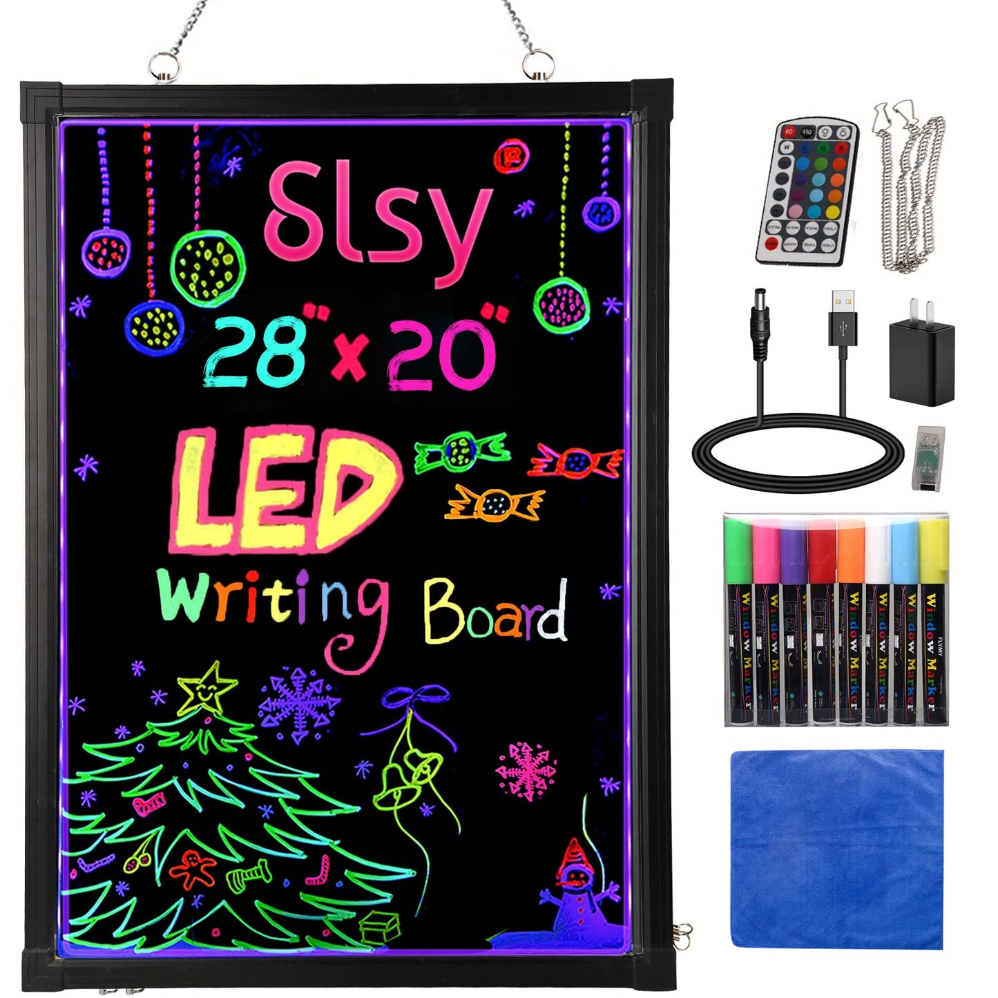 Slsy Illuminated LED Message Writing Board, 24''X16 Erasable Neon Effect Menu Sign Board with 8 Fluorescent Makers, 26 Flashing Modes LED Message Board