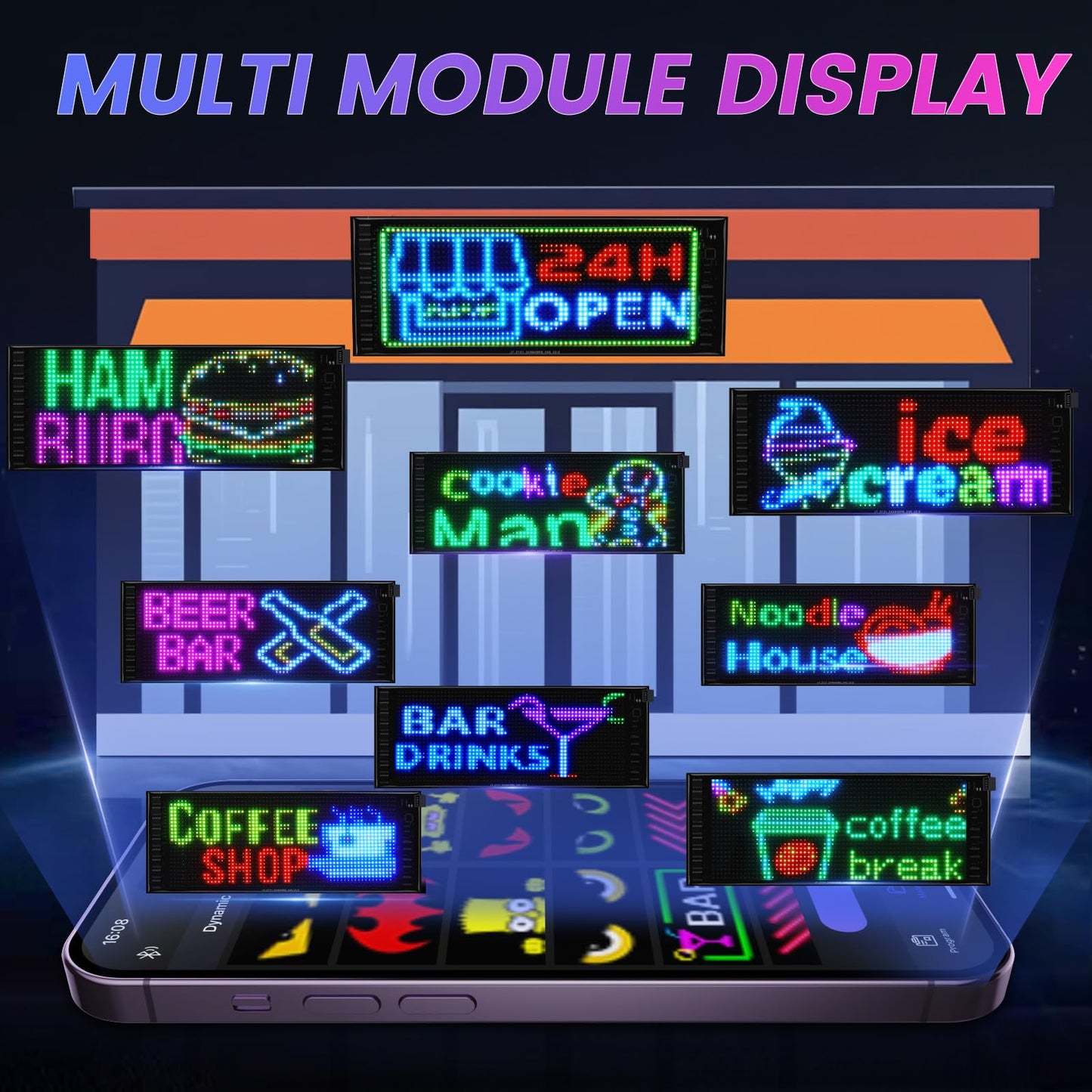 Rayhome Full Color Double Row Scrolling LED Light Sign, 17''x6.3'' Flexible 5V/2A Bluetooth APP Control LED Signs Custom Text Message Pattern Programmable LED Display for Car Store.