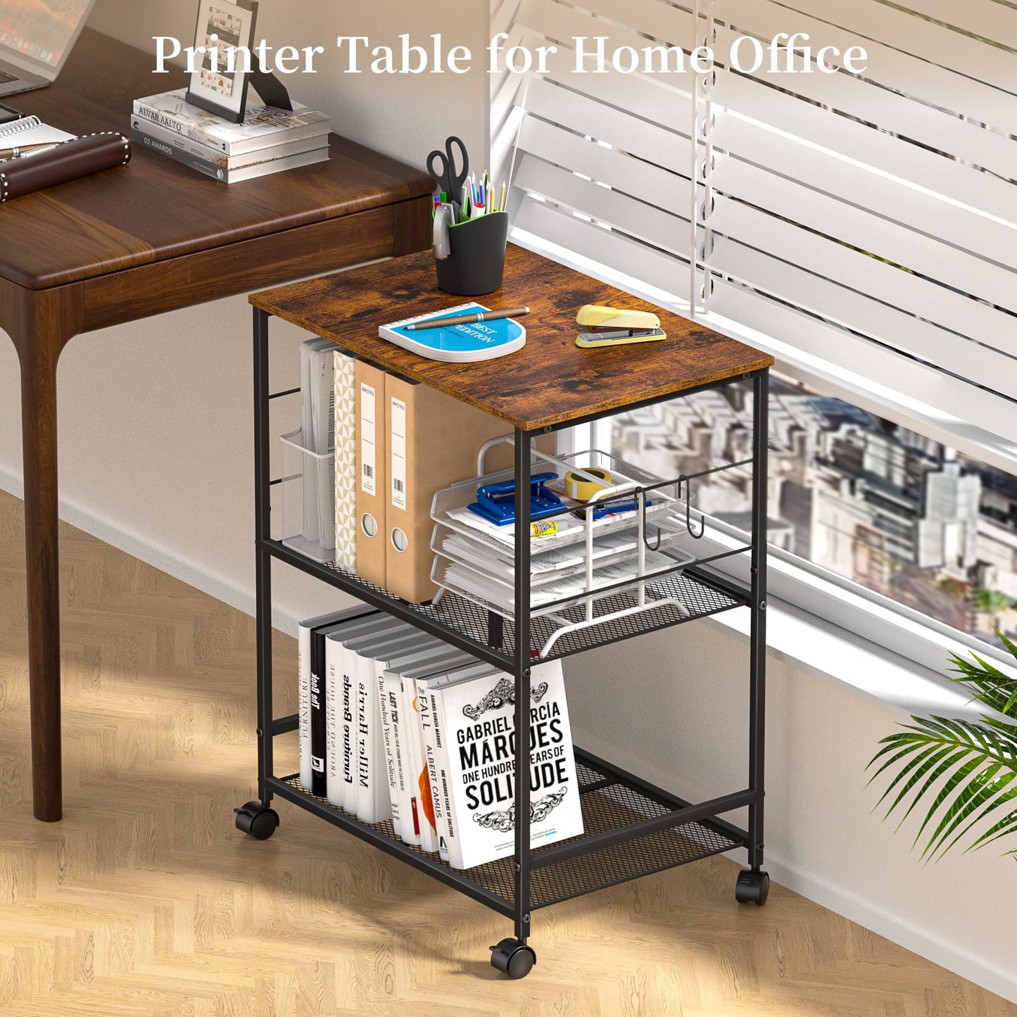 ThreeHio Printer Stand, 3Tier Printer Table with Wheels, Printer Cart with Storage Shelf, Printer Desk for Home Office Fax Machine Scanner, Rolling Cart for Kitchen, Laundry, Balcony, Living Room