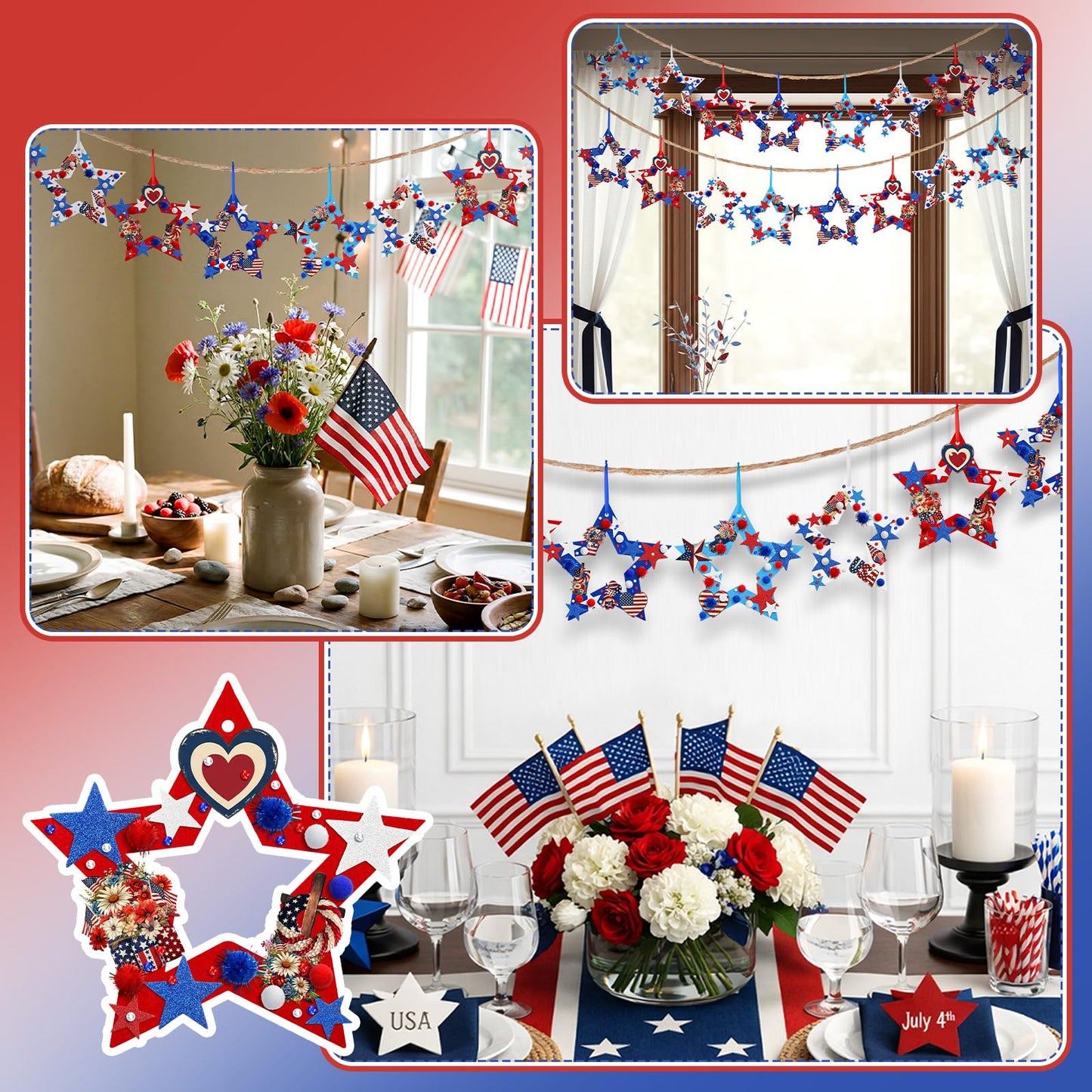 SmoothNovelty 437 Pcs 4th of July Wreath Craft Kit Patriotic DIY Craft Kit Memorial Day Wreath Hanging Ornament with Star Felt Sticker for Red White and Blue 250th Anniversary Party Activities Decor