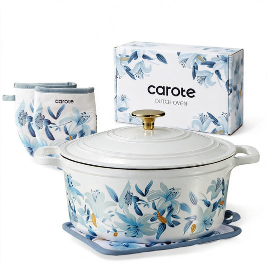 CAROTE 5 QT Cast Iron Dutch Oven Pot with Lid, Enameled Floral Dutch Ovens with Cotton Potholders & Oven Gloves, Gift Box, Cast Iron Pot for Sourdough Bread Baking, Braising, Stews, Roasting, Dual Handles, All Stovetop Compatible, Oven Safe up to 500° F,