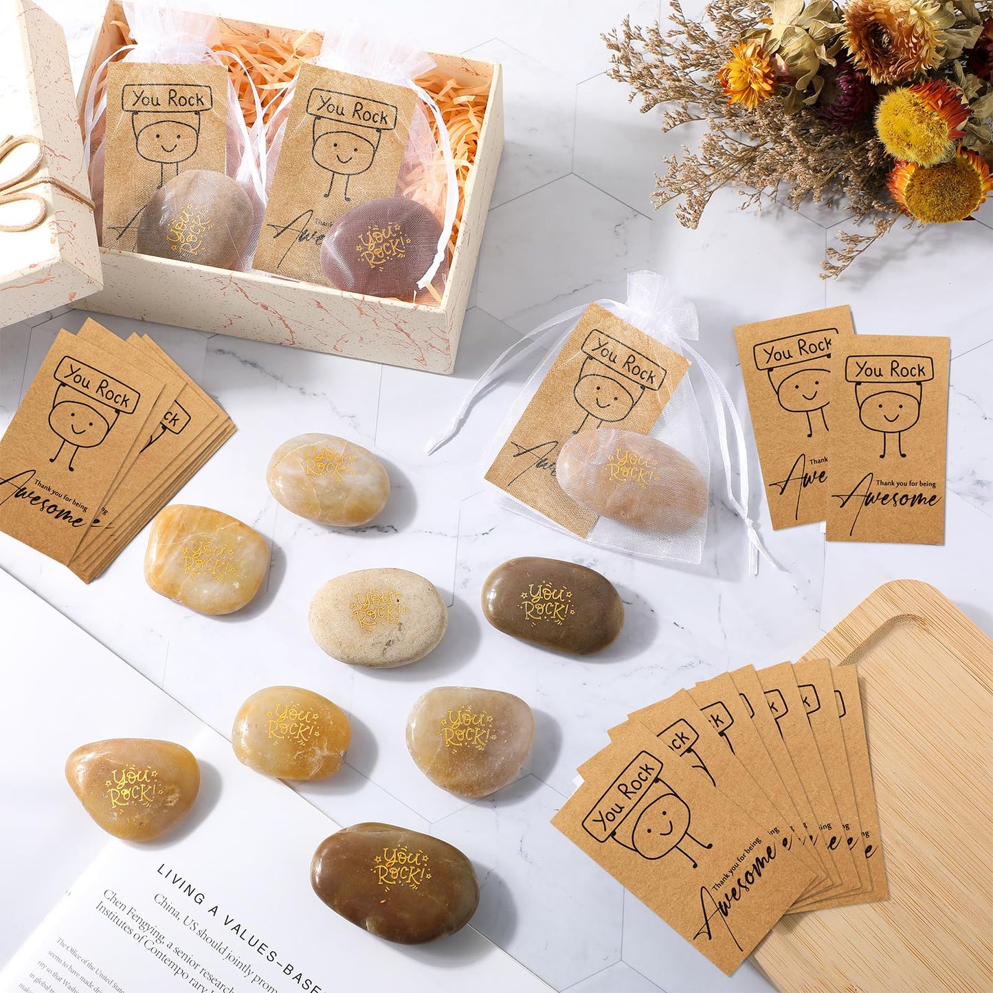 Roowest 30 Sets Inspirational You Rock Gifts Employee Appreciation Gift Engraved Inspirational Rocks Gift Faith Stones Cards Organza Bag for Staff Volunteer Coworker Teacher Nurse